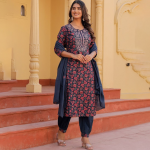 Floral Printed Thread Work Pure Cotton Kurta with Salwar & Dupatta